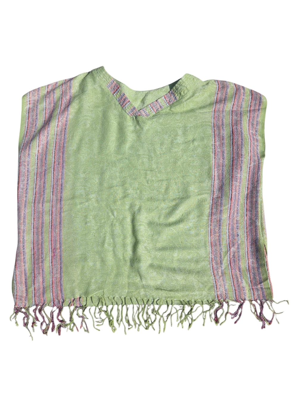 Light Green Striped Fringe Poncho Size L/XL